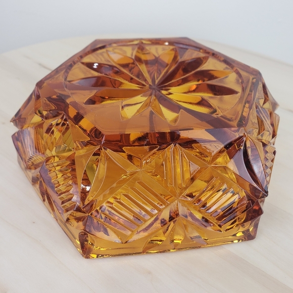 Vintage Amber Cut Glass Divided Dish Bow Candy Nuts Dining Decor - Picture 5 of 10